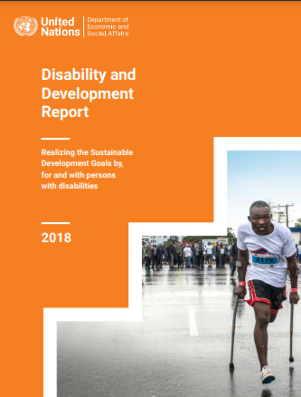 Cover image of Disability and Development Report showing a person walking using crutches